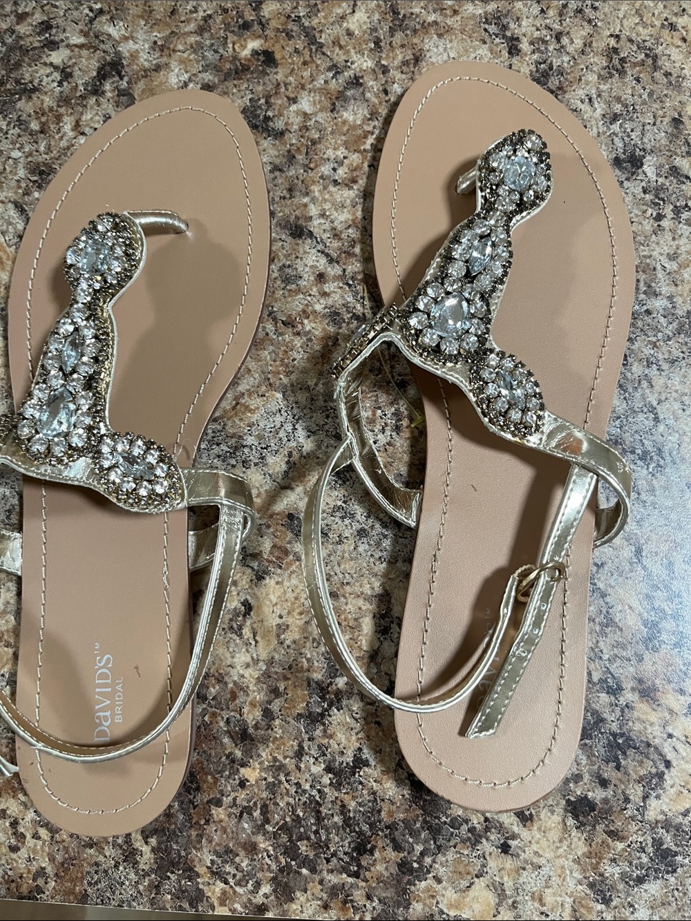 David's Bridal Gold Jeweled T-Strap Sandals with Rhinestones size 9